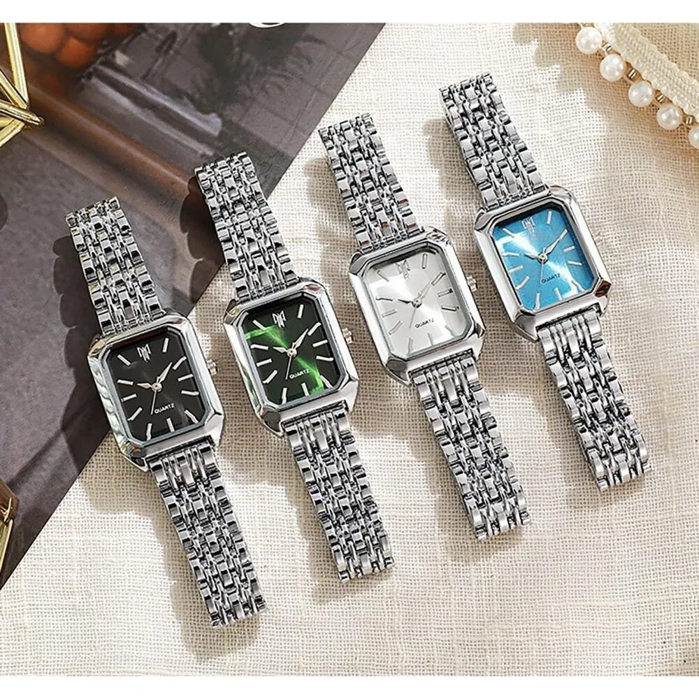 Women's Silver Blue Square Quartz Wrist Watches Steel Strap Casual Fashion